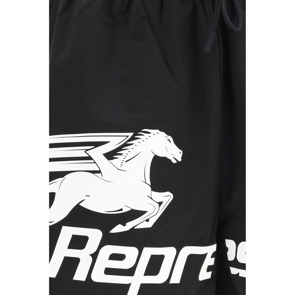 Swim Shorts by Represent for men in polyester black, white & print features a riviera-ready silhouette, showcasing the Men's Polyester Swim Shorts design for a premium look.