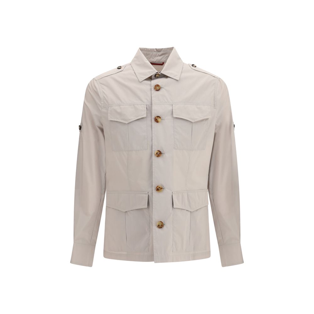Overcoat by Brunello Cucinelli for men in polyamide cotton canvas beige showcases a architectural silhouette, artfully detailed with a distinctive and functional water-resistant, lightweight & pockets for a architectural finish.