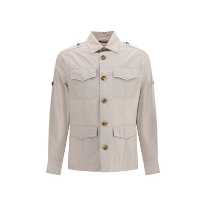 Overcoat by Brunello Cucinelli for men in polyamide cotton canvas beige showcases a architectural silhouette, artfully detailed with a distinctive and functional water-resistant, lightweight & pockets for a architectural finish.