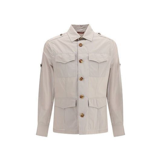 Overcoat by Brunello Cucinelli for men in polyamide cotton canvas beige showcases a architectural silhouette, artfully detailed with a distinctive and functional water-resistant, lightweight & pockets for a architectural finish.