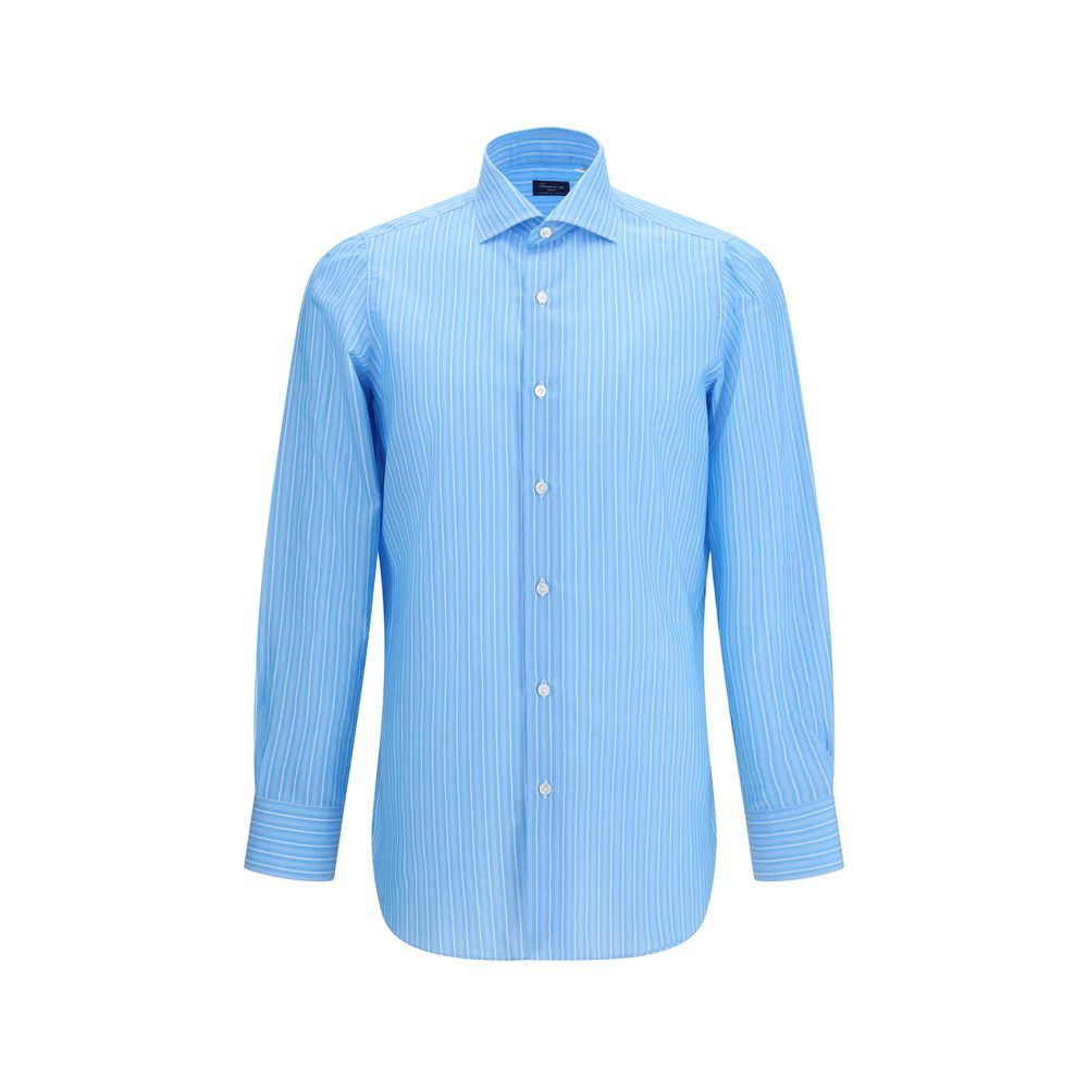 Shirt by Finamore for men in cotton blue, patterned & striped presents a discerning silhouette, showcasing a sophisticated round neckline and for a truly discerning finish.