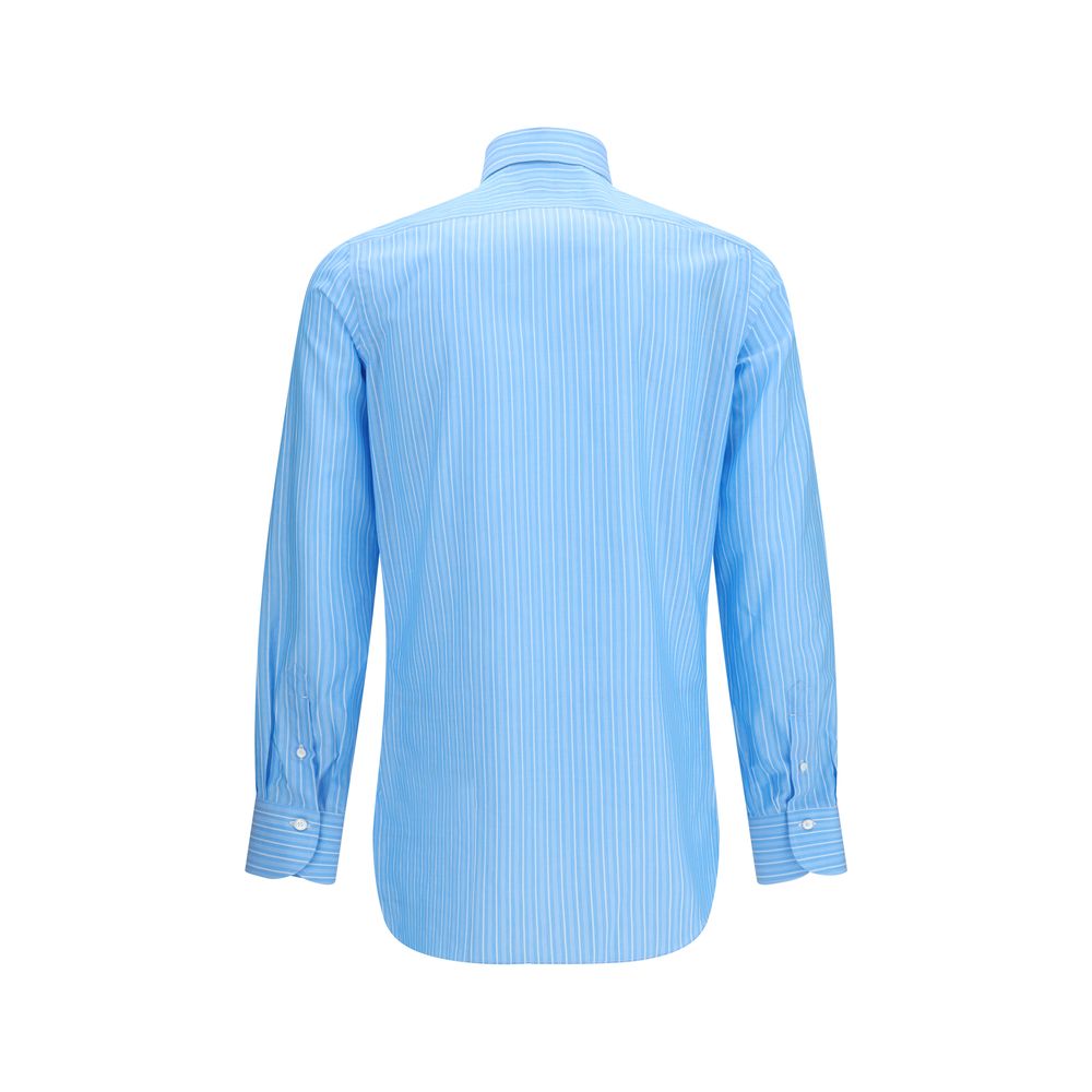 Shirt by Finamore for men in cotton blue, patterned & striped showcases a sleek silhouette, elegantly detailed with a sleek round neckline and for a sleek finish.