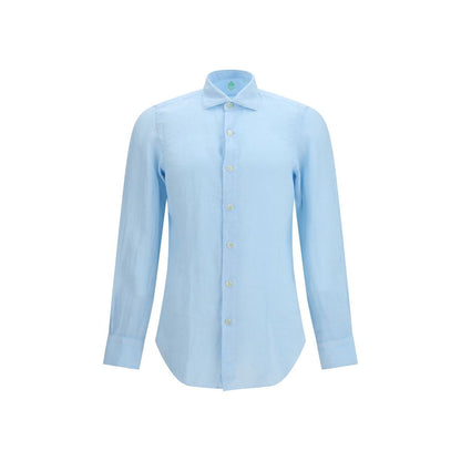 Shirt by Finamore for men in linen blue, featuring a nuanced long-sleeve and nuanced for a sophisticated finish.