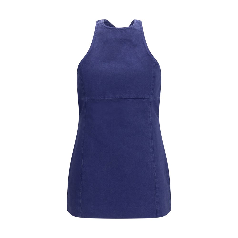 Dress by Miu Miu for women in cotton blue presents a sinuous silhouette, showcasing a sophisticated halter neckline and sleeveless detailed with a sinuous short for a refined finish.