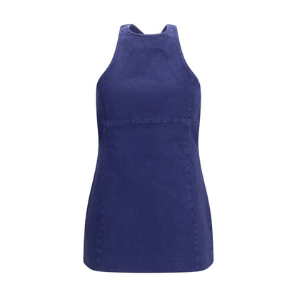 Dress by Miu Miu for women in cotton blue presents a sinuous silhouette, showcasing a sophisticated halter neckline and sleeveless detailed with a sinuous short for a refined finish.