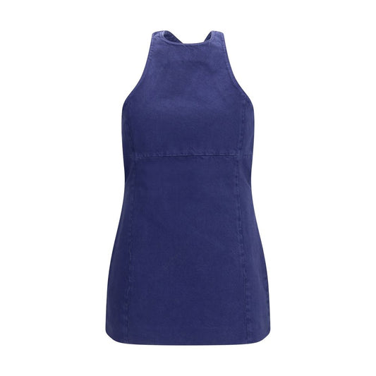 Dress by Miu Miu for women in cotton blue presents a sinuous silhouette, showcasing a sophisticated halter neckline and sleeveless detailed with a sinuous short for a refined finish.