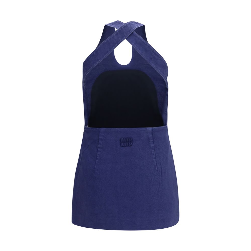 Dress by Miu Miu for women in cotton blue showcases a striking silhouette, elegantly detailed with a , refined halter neckline, and a striking short for a striking finish.