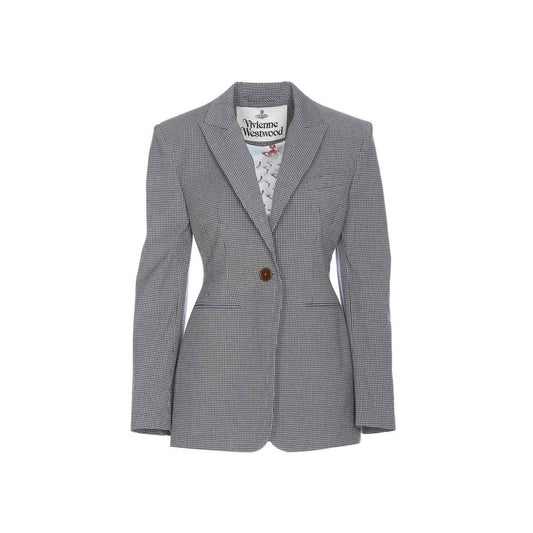 Blazer by Vivienne Westwood for women in stretch cotton black, patterned & checkered showcases a discerning silhouette, elegantly detailed with a sophisticated and premium for a truly discerning finish.