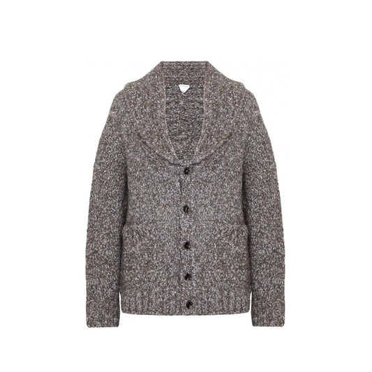Cardigan by Bottega Veneta for men in polyamide leather & alpaca wool gray features a dramatic silhouette, showcasing a sophisticated and dramatic long-sleeve detail for a timeless, premium look.