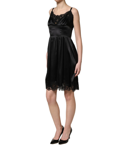 Dolce & Gabbana Black Silk Satin Lace Sleeveless Mini Dress