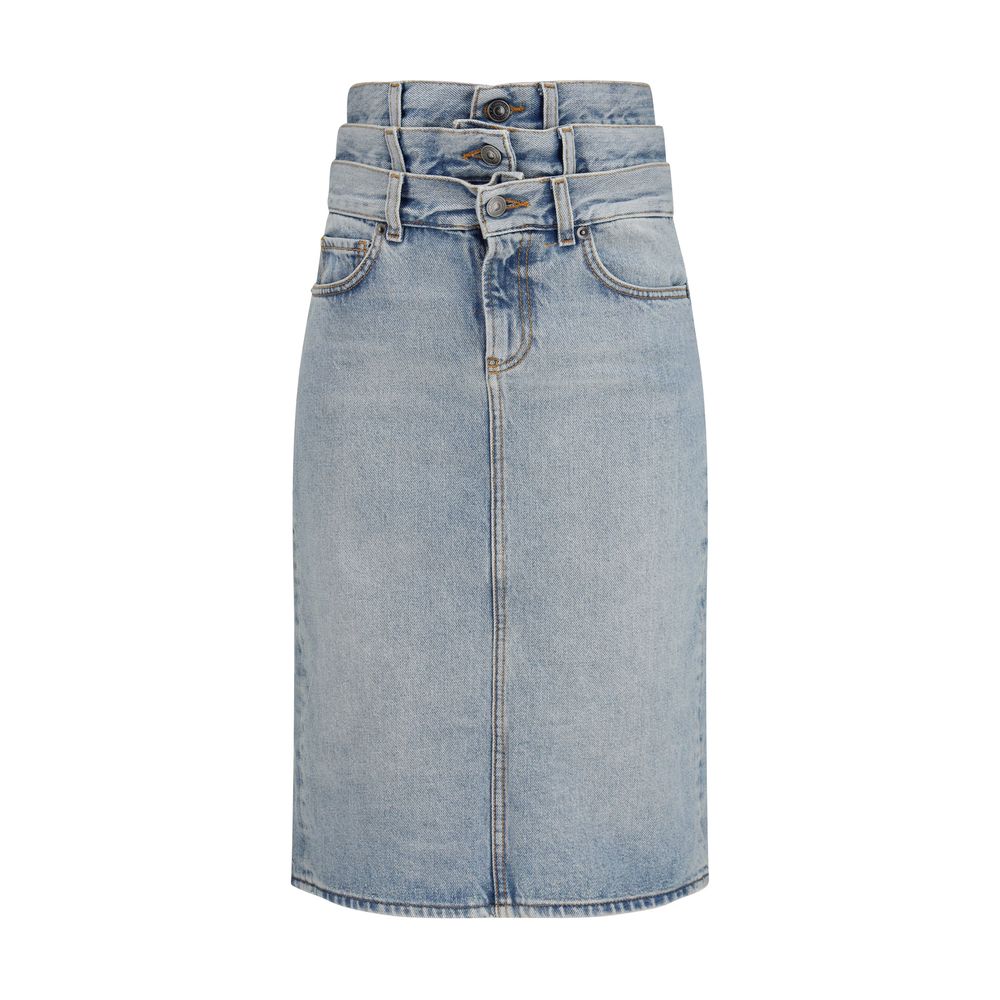 Skirt by Fiorucci for women in denim cotton blue showcases a sultry silhouette, elegantly defined by its midi and the sophisticated sultry design of the Women's Denim High Rise Cotton Midi Skirt.