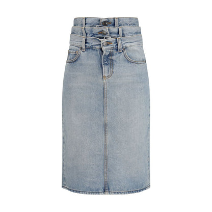 Skirt by Fiorucci for women in denim cotton blue showcases a sultry silhouette, elegantly defined by its midi and the sophisticated sultry design of the Women's Denim High Rise Cotton Midi Skirt.