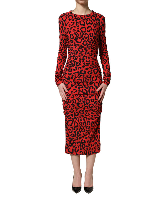 Dolce & Gabbana Women's Wrap Cocktail Long-Sleeve Stretch Nylon & Calf Leather Midi Mini Dress - Black Red Leopard Print Patterned Print