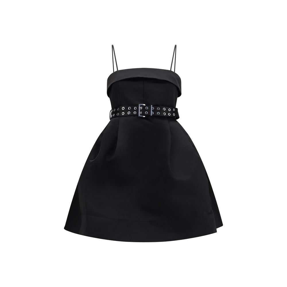 Dress by Ganni for women in polyester satin black presents a sinuous silhouette, showcasing a sophisticated and sleeveless detailed with a sinuous short for a refined finish.