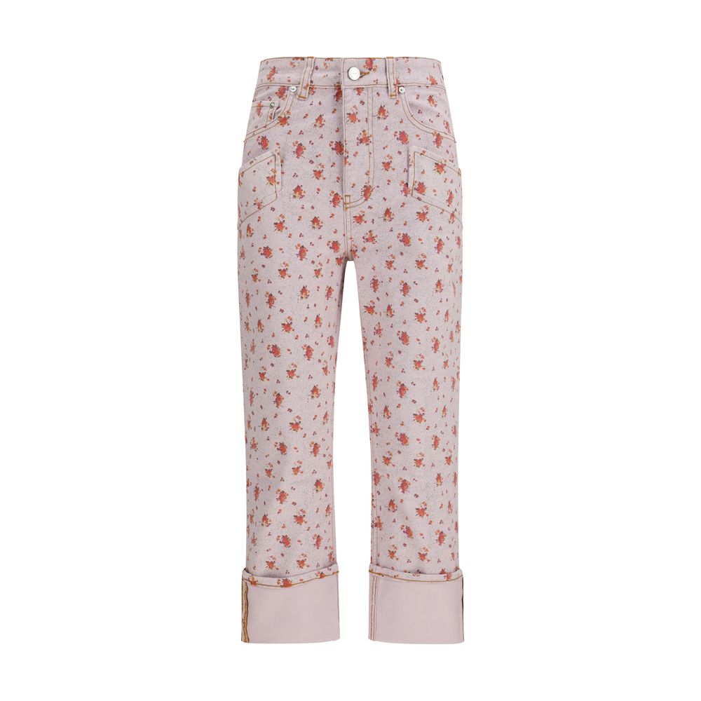 Casual Pants by Ganni for women in stretch denim cotton multicolor, floral & print features a polished silhouette with a polished flared, slim & capri, reaching a polished capri and finished with a polished high rise.
