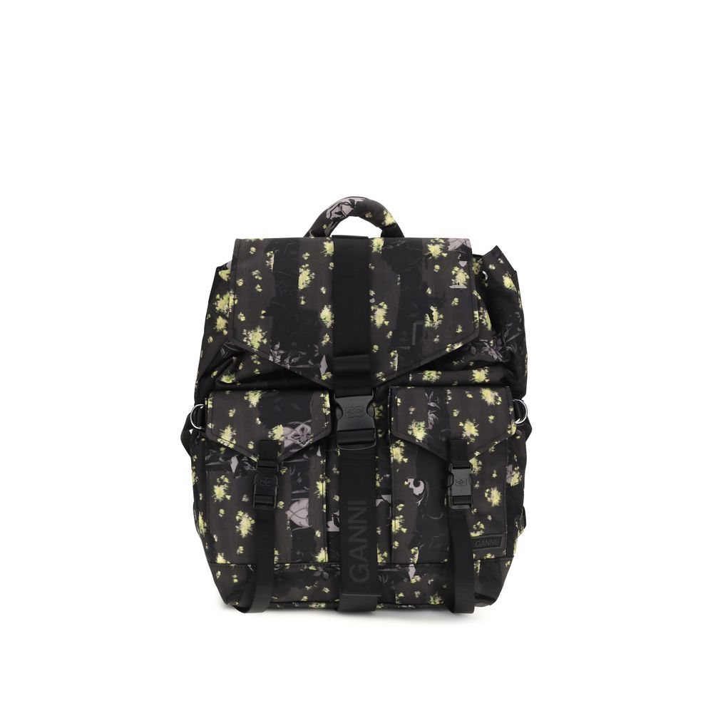 Backpack by Ganni for women in viscose linen lurex & nylon multicolor & print features a fashionable silhouette, showcasing the Re Tech Viscose Linen Lurex & Nylon Backpack design with a secure buckle, ample external-pockets, and versatile handle, backpack-strap & adjustable-strap.