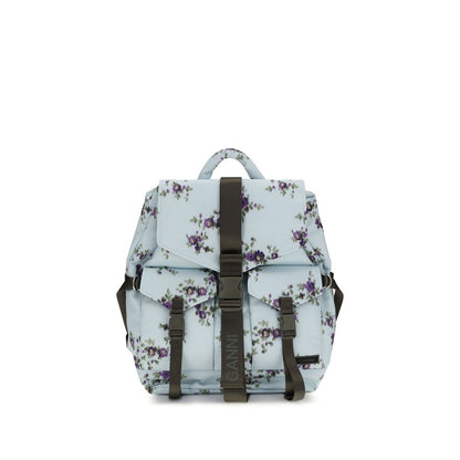 Backpack by Ganni for women in nylon & polyester blue, patterned, floral & print presents a versatile Re Tech Nylon & Polyester Backpack design, showcasing a secure buckle with ample external-pockets and versatile handle, backpack-strap & adjustable-strap for a versatile finish.