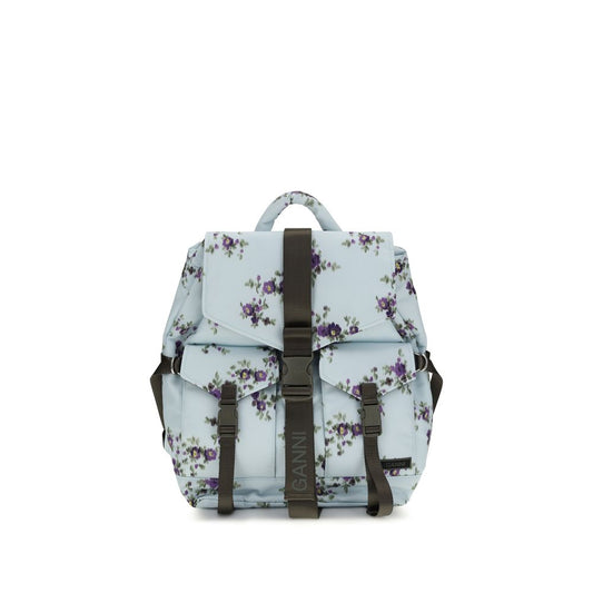 Backpack by Ganni for women in nylon & polyester blue, patterned, floral & print presents a versatile Re Tech Nylon & Polyester Backpack design, showcasing a secure buckle with ample external-pockets and versatile handle, backpack-strap & adjustable-strap for a versatile finish.