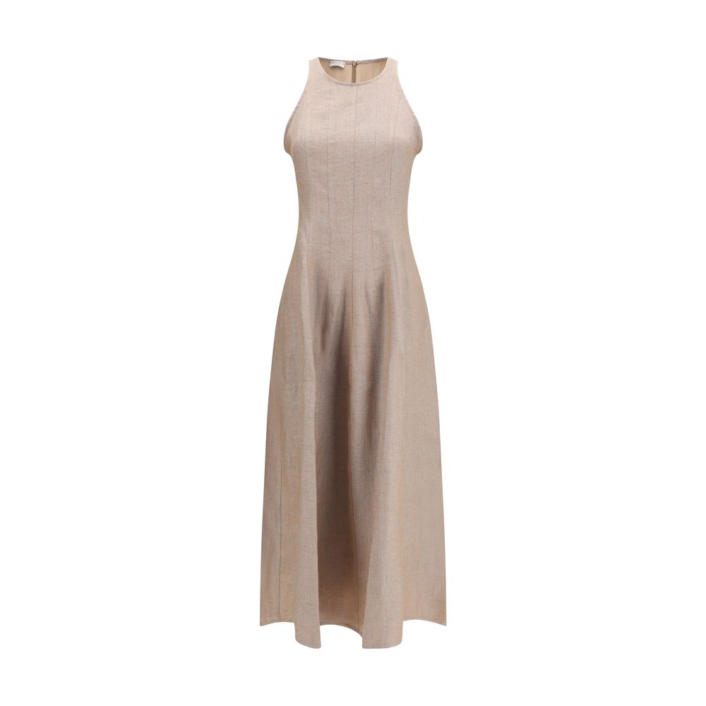 Dress by Brunello Cucinelli for women in linen polyamide polyester & silk beige & natural features an eye catching silhouette with a sophisticated round neckline, elegant sleeveless, and a refined long for a eye catching aesthetic.