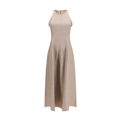 Dress by Brunello Cucinelli for women in linen polyamide polyester & silk beige & natural features an eye catching silhouette with a sophisticated round neckline, elegant sleeveless, and a refined long for a eye catching aesthetic.