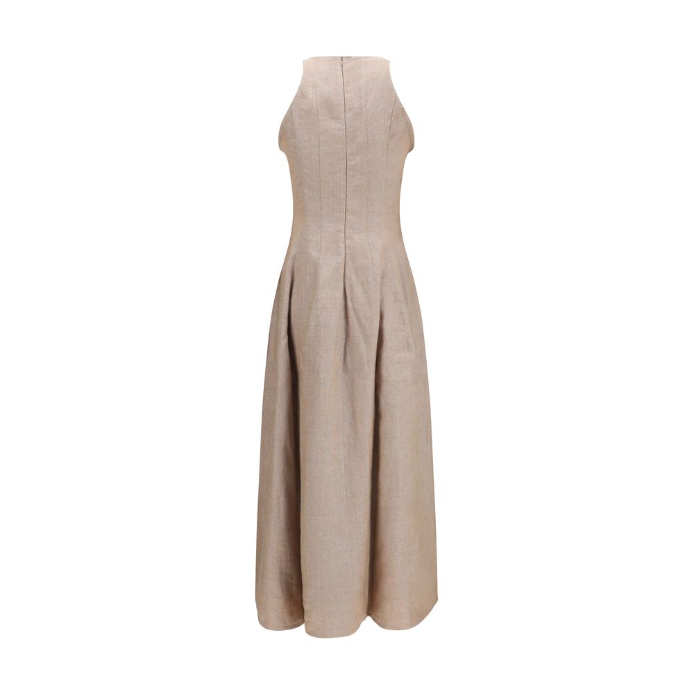 Dress by Brunello Cucinelli for women in linen polyamide polyester & silk beige & natural features an sultry silhouette defined by a round neckline and , falling to an sultry long for a sultry look.