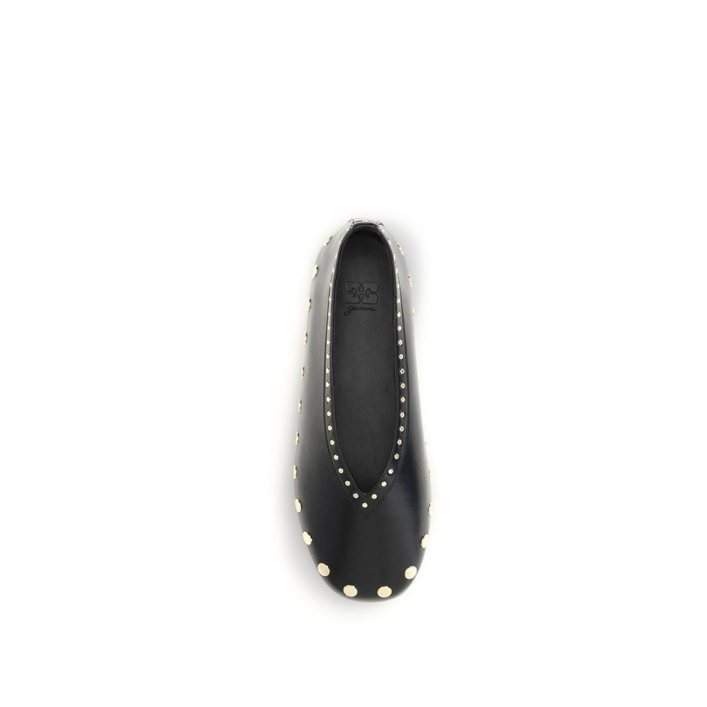 Ballet Flat Shoes by Ganni for women in viscose tu & polyurethane black & gold presents a effortless chic silhouette, showcasing the Jenny Women's Viscose TU & Polyurethane Ballet Flat Shoes design with a effortless chic and for a sophisticated look.