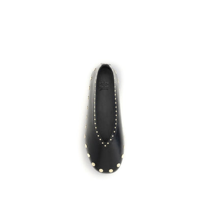 Ballet Flat Shoes by Ganni for women in viscose tu & polyurethane black & gold presents a effortless chic silhouette, showcasing the Jenny Women's Viscose TU & Polyurethane Ballet Flat Shoes design with a effortless chic and for a sophisticated look.