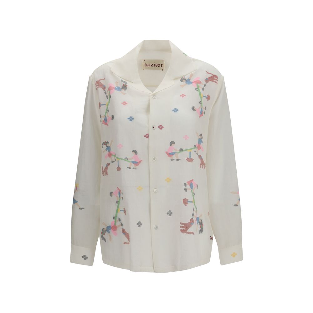 Shirt by Baziszt for women in cotton white & patterned features an architectural silhouette with a refined and elegant for a architectural look.