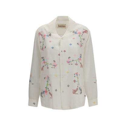 Shirt by Baziszt for women in cotton white & patterned features an architectural silhouette with a refined and elegant for a architectural look.