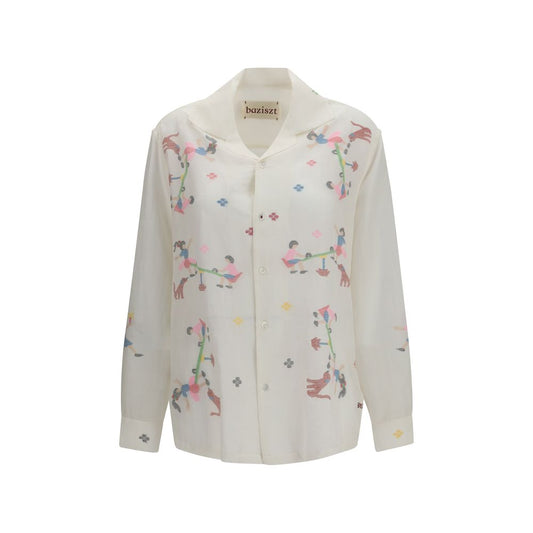 Shirt by Baziszt for women in cotton white & patterned features an architectural silhouette with a refined and elegant for a architectural look.