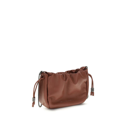 Mini Shoulder Bucket Bag by Brunello Cucinelli for women in bos taurus calf leather brown & monogram features an effortlessly chic silhouette with a secure drawstring, ample single-compartment, and versatile shoulder-strap for effortlessly chic everyday luxury.