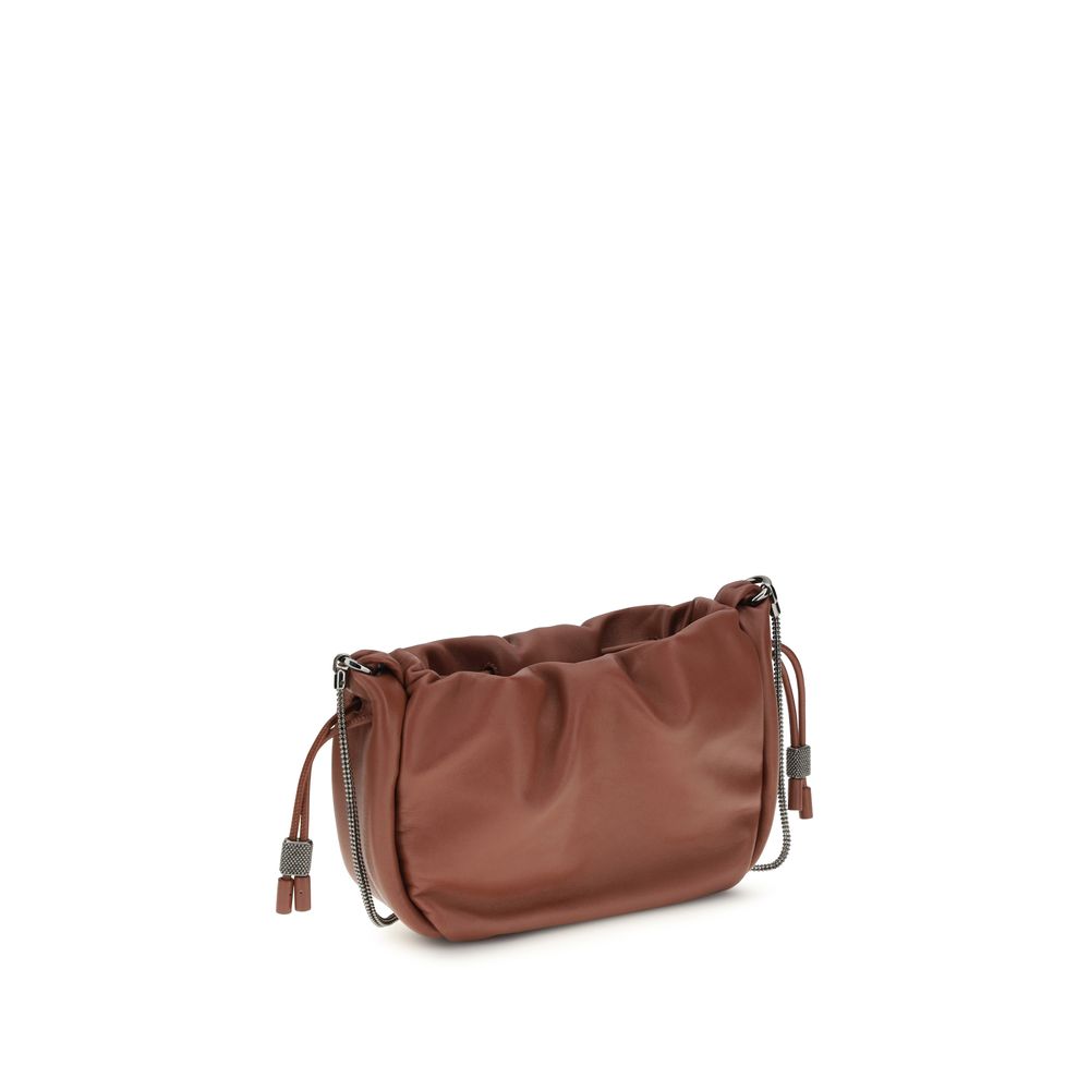 Mini Shoulder Bucket Bag by Brunello Cucinelli for women in bos taurus calf leather brown & monogram features a distinguished silhouette, showcasing a secure drawstring and distinguished single-compartment with versatile shoulder-strap for a distinguished finish.