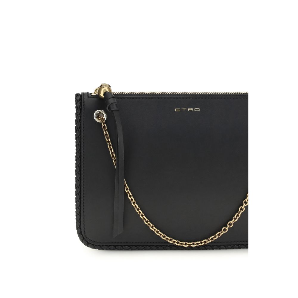 Compact Crossbody Evening Clutch Handbag by Etro for women in bos taurus grained calf leather black features a statuesque silhouette, showcasing a secure zipper and organized with versatile crossbody-strap & handle for statuesque evening wear.