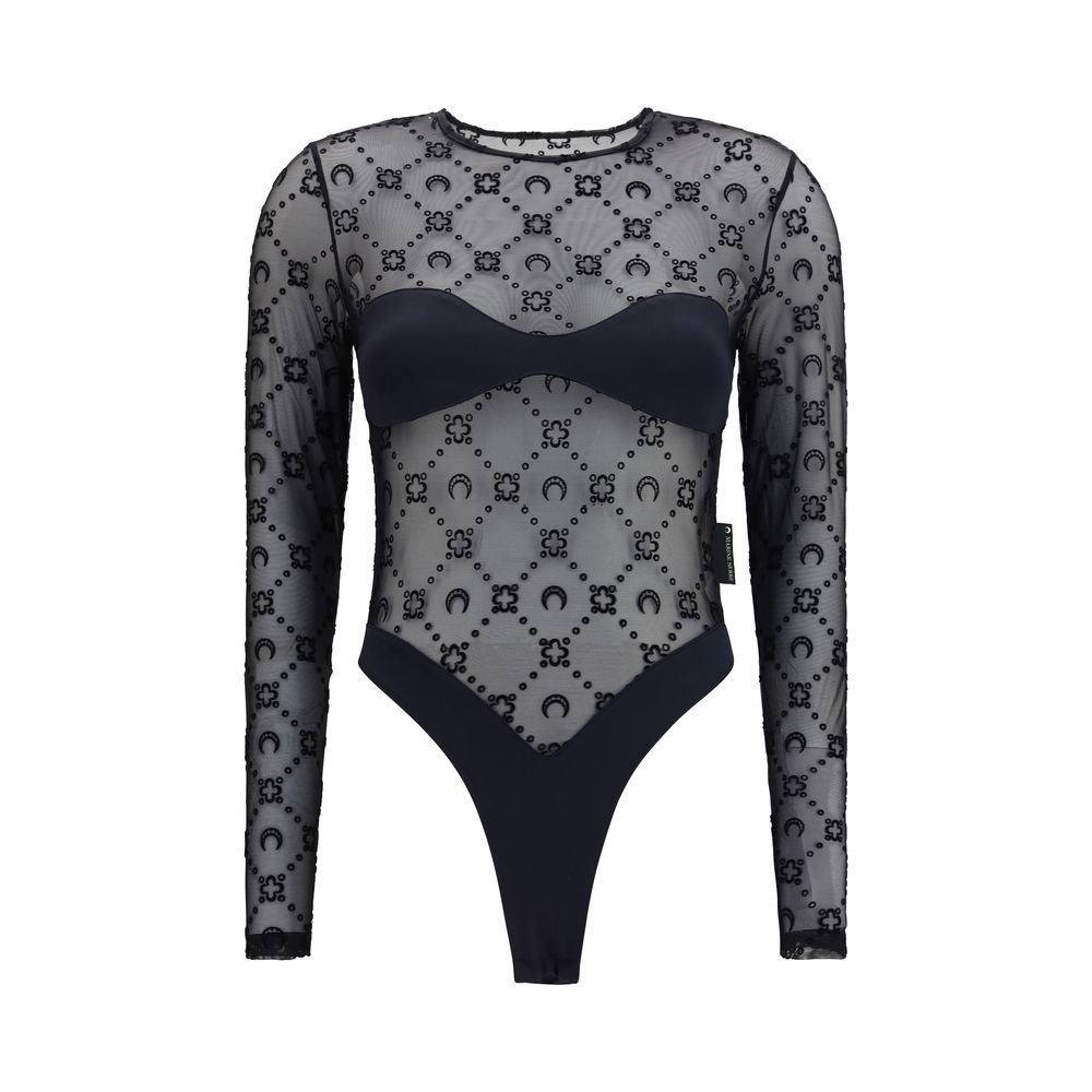Bodysuit by Marine Serre for women in polyamide black & print showcases a enviable silhouette, elegantly detailed with a enviable long-sleeve and round neckline for a truly enviable finish.