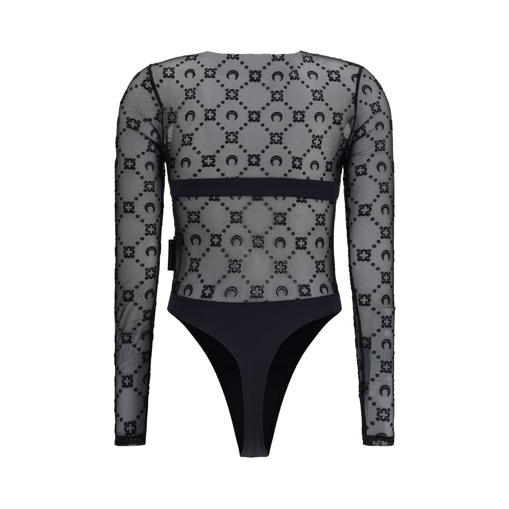 Bodysuit by Marine Serre for women in polyamide black & print showcases a flawless silhouette, elegantly defined by a refined round neckline and for a flawless and polished finish.