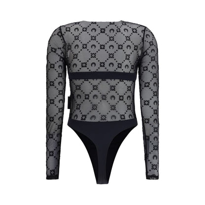 Bodysuit by Marine Serre for women in polyamide black & print showcases a flawless silhouette, elegantly defined by a refined round neckline and for a flawless and polished finish.