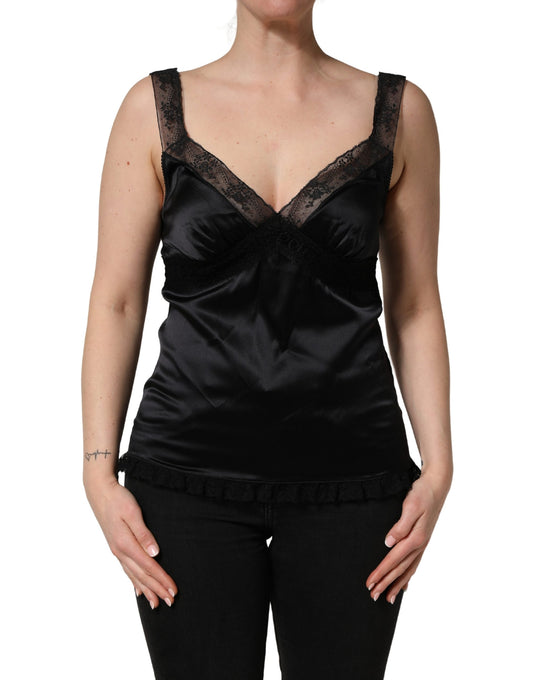 Dolce & Gabbana Women's V Neck Cotton Silk Rayon & Lace Tank Top - Black