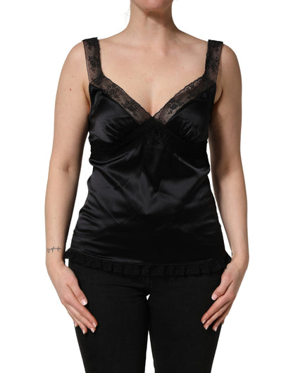 Dolce & Gabbana Black Silk Lace Trim Camisole V-neckline Tank Top