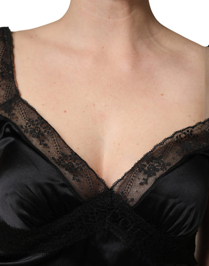 Dolce & Gabbana Black Silk Lace Trim Camisole V-neckline Tank Top