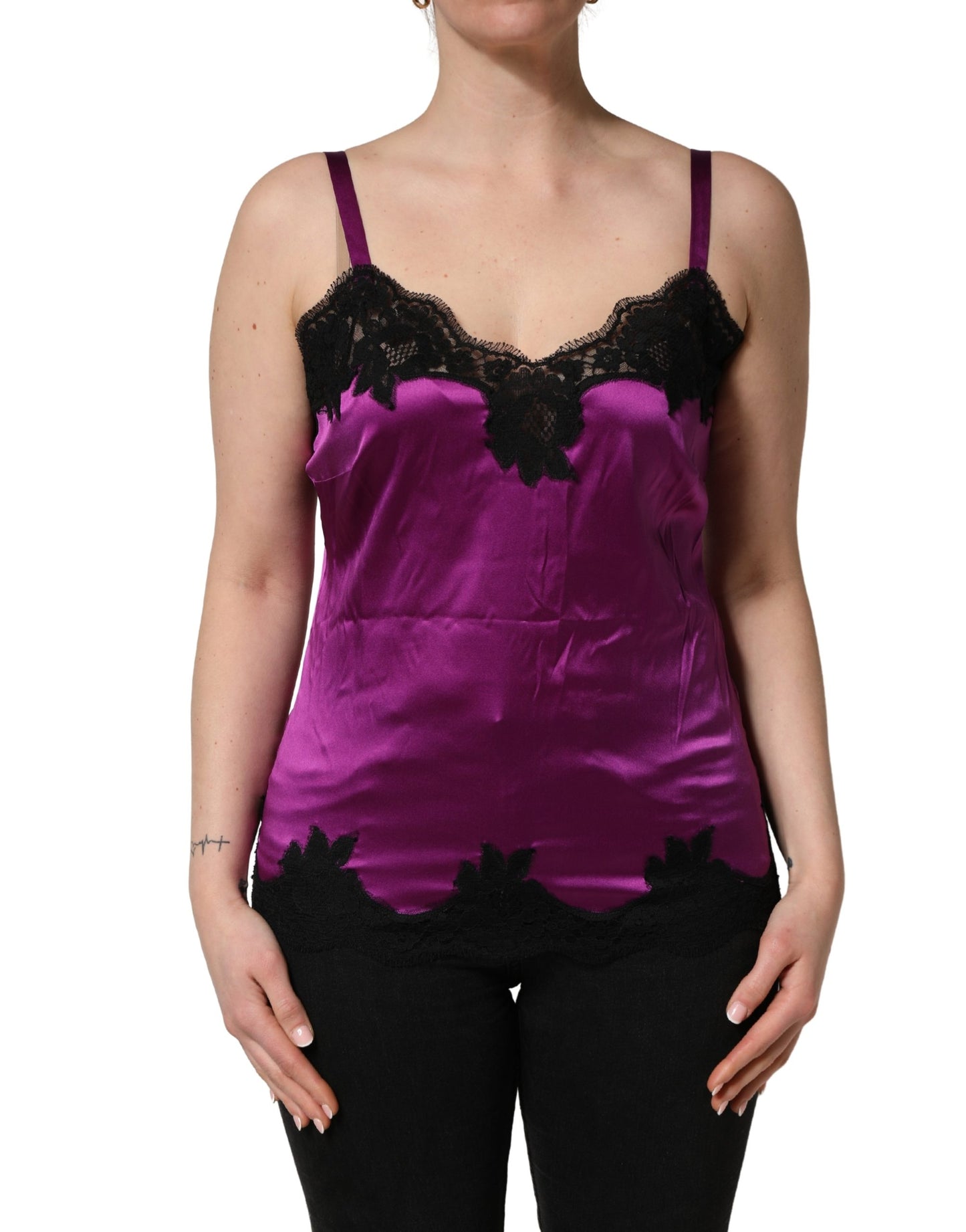 Dolce & Gabbana Purple Silk Lace Trim Camisole Sleeveless Tank Top