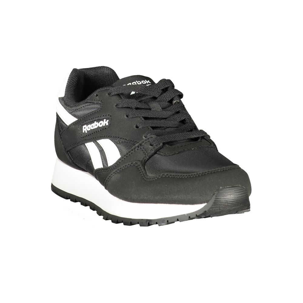 Athletic Sneakers by Reebok for women in polyester & polyurethane black showcases a architectural silhouette, artfully capturing the essence of the Women's Athletic Polyester & Polyurethane Sneakers with its signature architectural athletic style construction.
