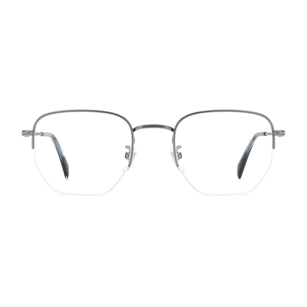 Eyeglasses Frames by David Beckham for men in metal gray showcases a refined half-frame frame design with a refined gunmetal coloured frame finish for a refined and sophisticated look.