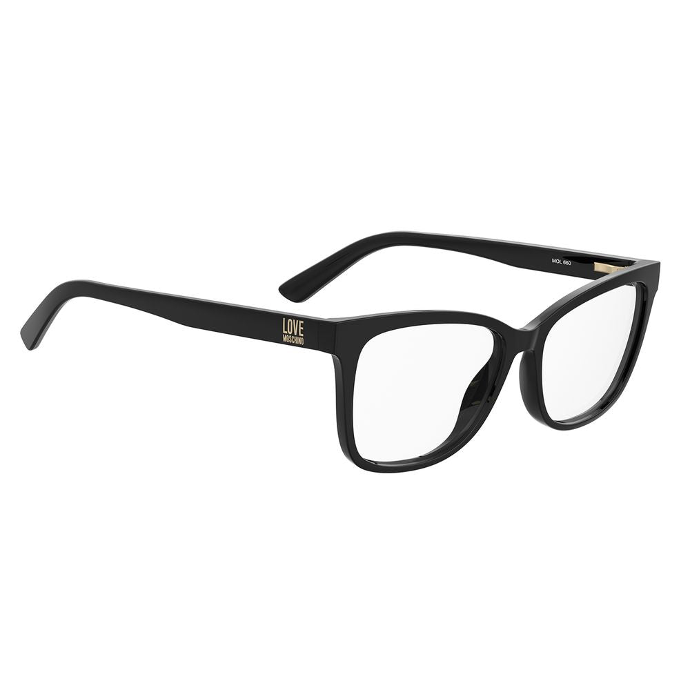 Eyeglasses Frames by Love Moschino for women in plastic black showcases a reflective silhouette, artfully incorporating a sophisticated black coloured frame with a distinct full-frame frame design.
