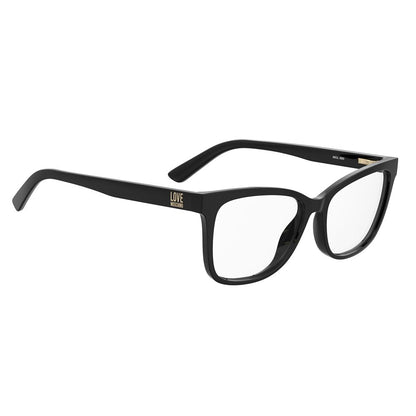 Eyeglasses Frames by Love Moschino for women in plastic black showcases a reflective silhouette, artfully incorporating a sophisticated black coloured frame with a distinct full-frame frame design.