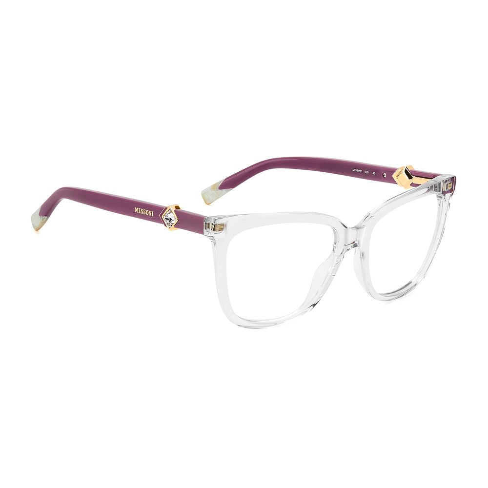 Eyeglasses Frames by Missoni for women in acetate transparent showcases a reflective silhouette, artfully incorporating a sophisticated transparent coloured frame with a distinct full-frame frame design.
