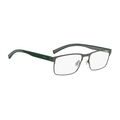 Eyeglasses Frames by Hugo Boss for men in aluminium gray features an refined silhouette, showcasing a sophisticated gunmetal coloured frame and refined full-frame frame design for a refined look.
