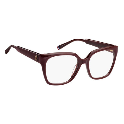 Eyeglasses Frames by Tommy Hilfiger for women in burgundy showcases a reflective silhouette, artfully incorporating a sophisticated burgundy coloured frame with a distinct full-frame frame design.