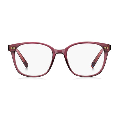 Eyeglasses Frames by Tommy Hilfiger for women in acetate pink features an refined silhouette, showcasing a sophisticated rose coloured frame and refined full-frame frame design for a refined look.