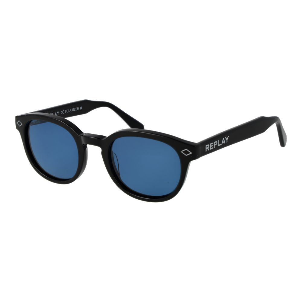 Sunglasses by Replay for unisex in acetate black features a sumptuous silhouette, showcasing a sumptuous full-rim panto frame design in black coloured frame with high-performance non-polarized category-3-dark-tint lens.