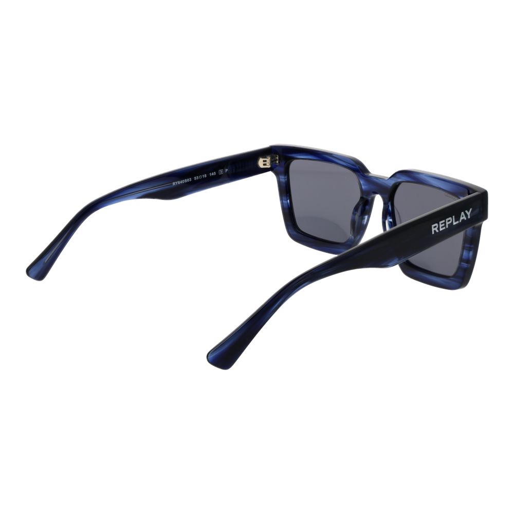 Sunglasses by Replay for unisex in acetate blue features an lustrous full-rim square frame design with blue coloured frame detailing and polarized category-3-dark-tint lens for a lustrous aesthetic.